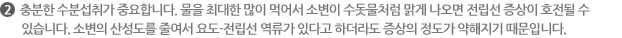 2   충분한 수분섭취가 중요합니다. 물을 최대한 많이 먹어서 소변이 수돗물처럼 맑게 나오면 전립선 증상이 호전될 수      있습니다. 소변의 산성도를 줄여서 요도-전립선 역류가 있다고 하더라도 증상의 정도가 약해지기 때문입니다