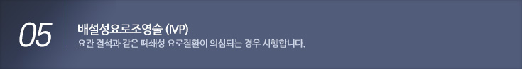 04 배설성요로조영술 (IVP) 요관 결석과 같은 폐쇄성 요로질환이 의심되는 경우 시행합니다. 